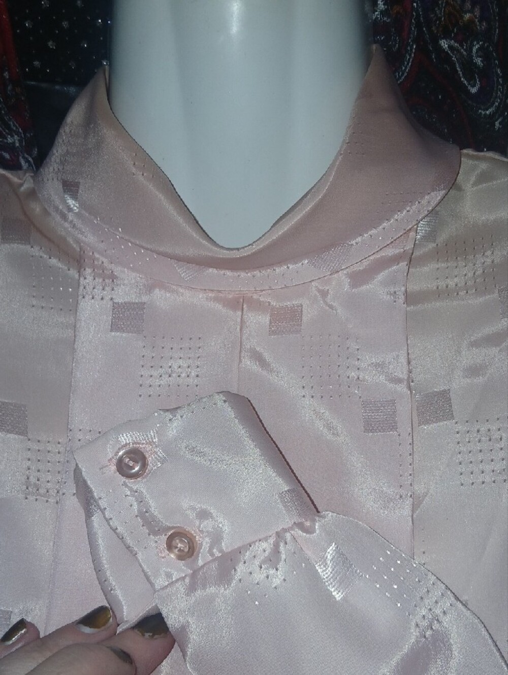 jonathan martin 80s Vintage Light Pink Satin Blouse with Subtle Geometric Shine - Picture 3 of 8
